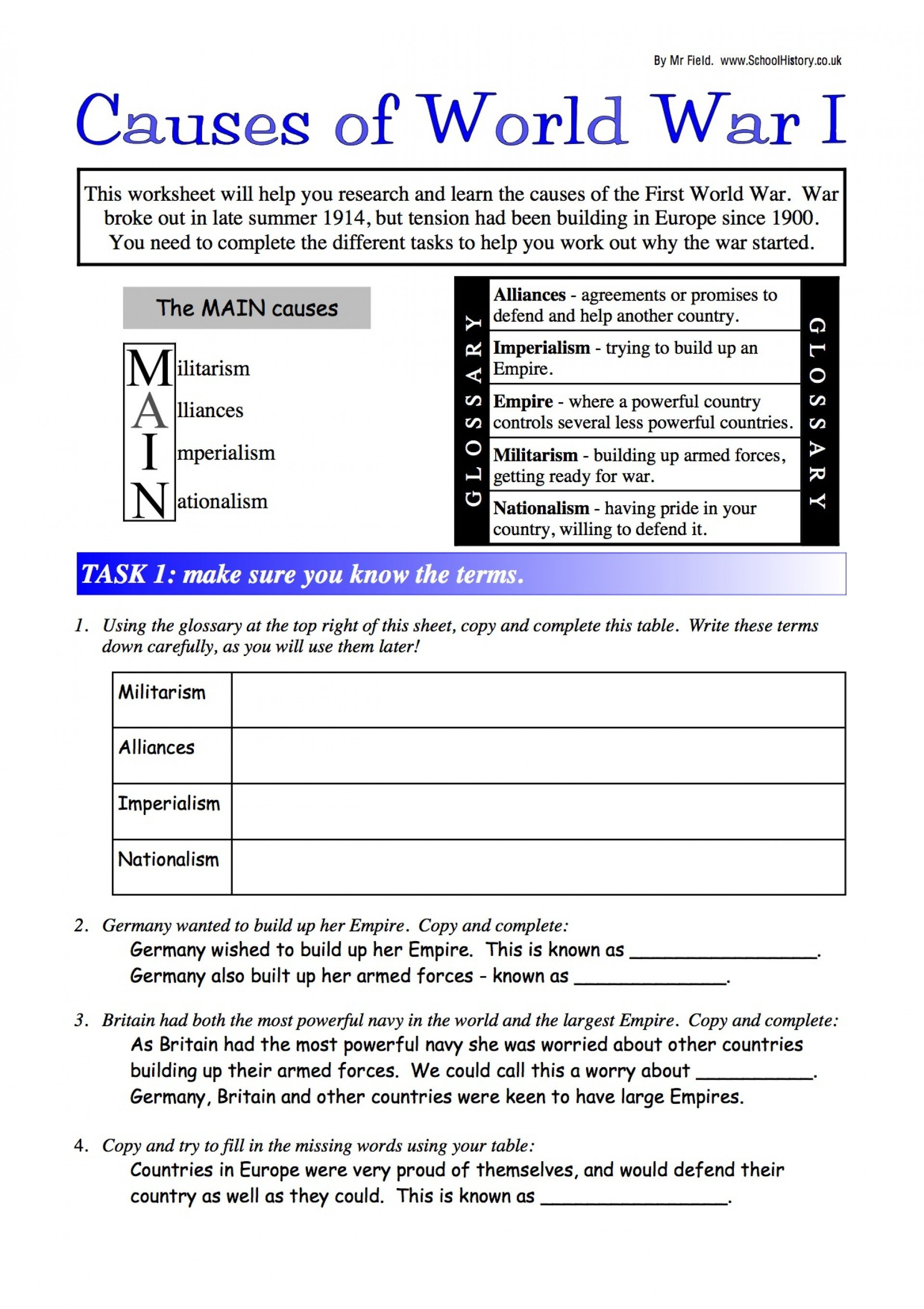 003 World War One Causes Essay Amusing History Worksheets On About With Regard To World War 1 Worksheets