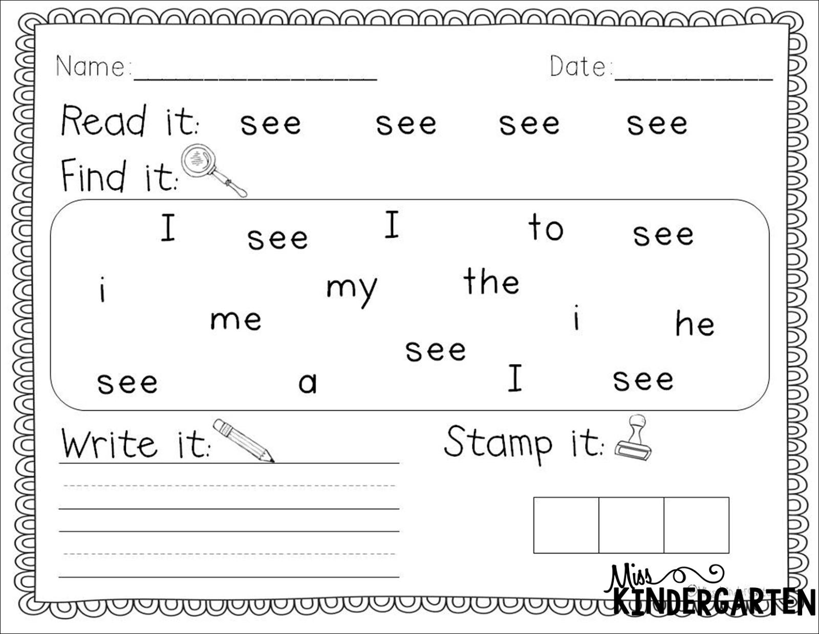 013 Printable Word Worksheets For Kindergarten Sight Words Inside Preschool Sight Words Worksheets
