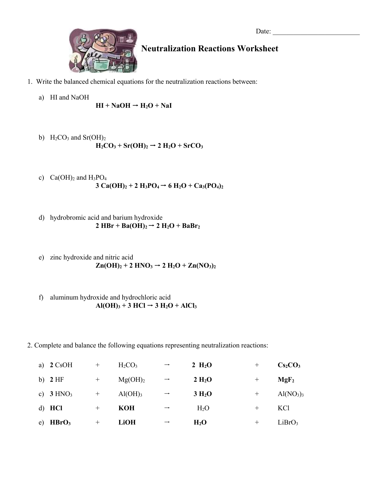 03 Neutralization Reactions Worksheet Key With Regard To Neutralization Reactions Worksheet