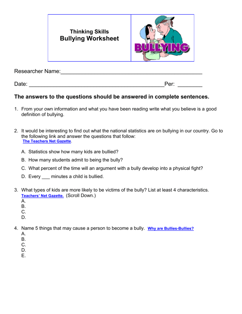 1 Bullying Worksheet With Anti Bullying Worksheets For Kids
