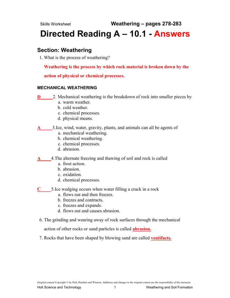 10 1 Directed Reading Answer Key And Directed Reading Worksheets Physical Science Answers
