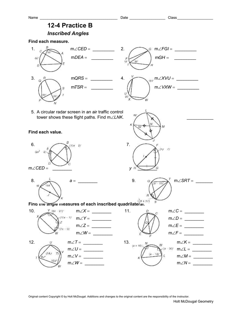 124 Practice B As Well As Inscribed Angles Worksheet