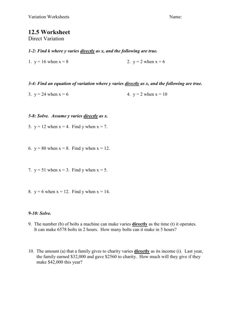 125 Through 127 Variation Worksheet Wanswers With Direct Variation Worksheet With Answer Key