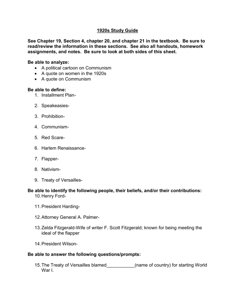 1920S Study Guide Together With Chapter 20 Section 2 The Harding Presidency Worksheet Answers