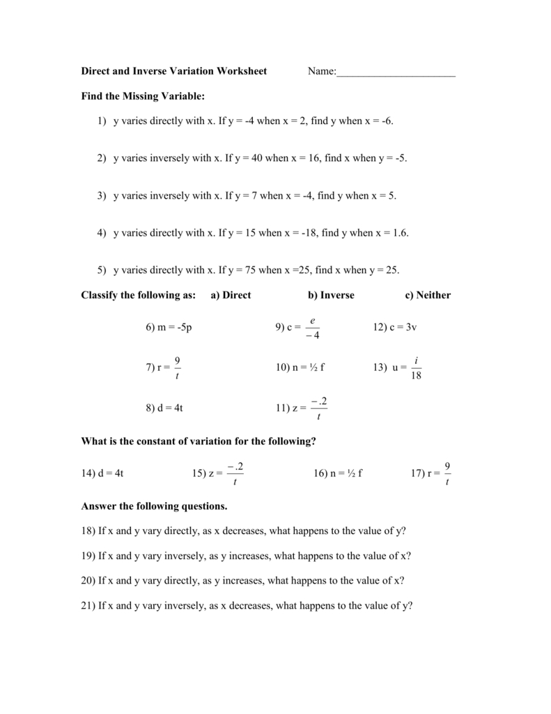 2 Direct And Inverse Variation Worksheet And Direct And Inverse Variation Worksheet Answers
