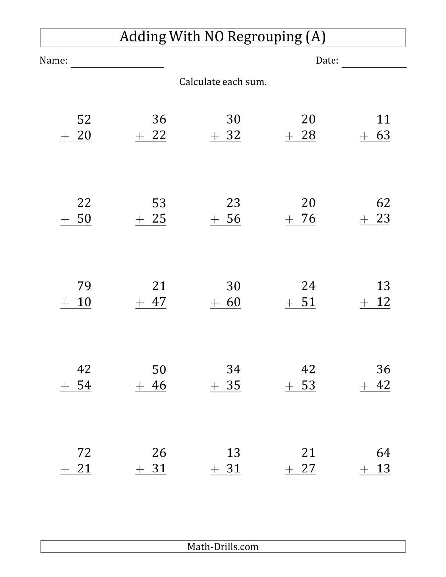 2Digit Plus 2Digit Addition With No Regrouping A Also Multiplication With Regrouping Worksheets Pdf