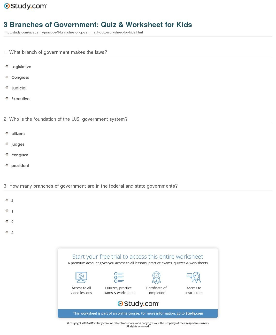 3 Branches Of Government Quiz  Worksheet For Kids  Study Or Branches Of Government For Kids Worksheet