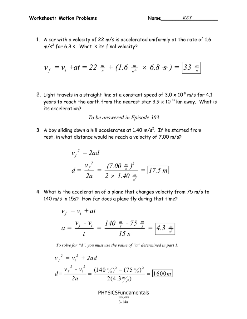 314Ab  Motion Problems Wkstkey Intended For Speed Problem Worksheet Answers