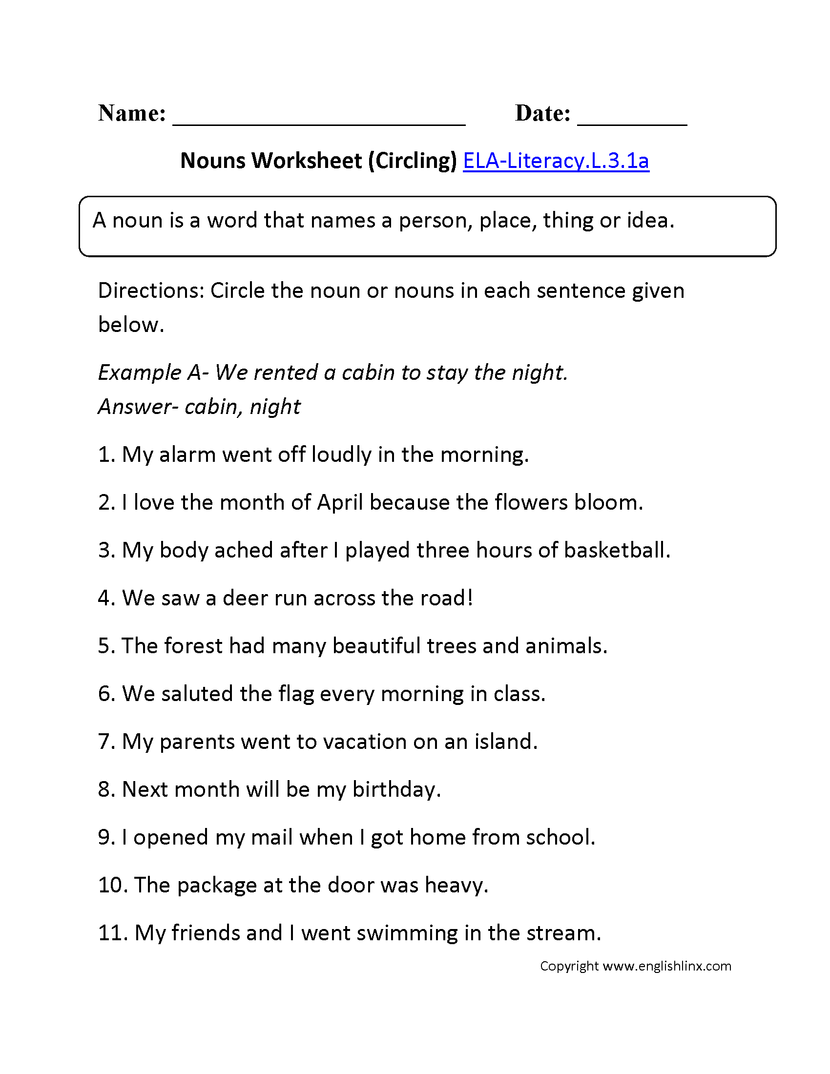 3Rd Grade Common Core  Language Worksheets Throughout Nouns Worksheet 3Rd Grade