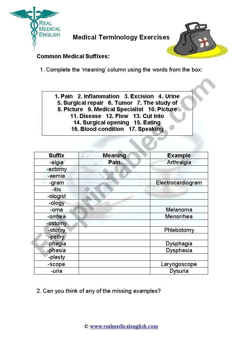 4 Medical Terminology  Suffixes  Esl Worksheet As Well As Medical Terminology Suffixes Worksheet