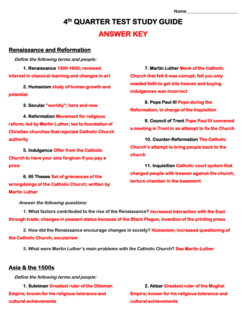 4 Quarter Test Study Guide Answer Key Renaissance And Reformation Regarding The Renaissance In Europe Worksheet Answers