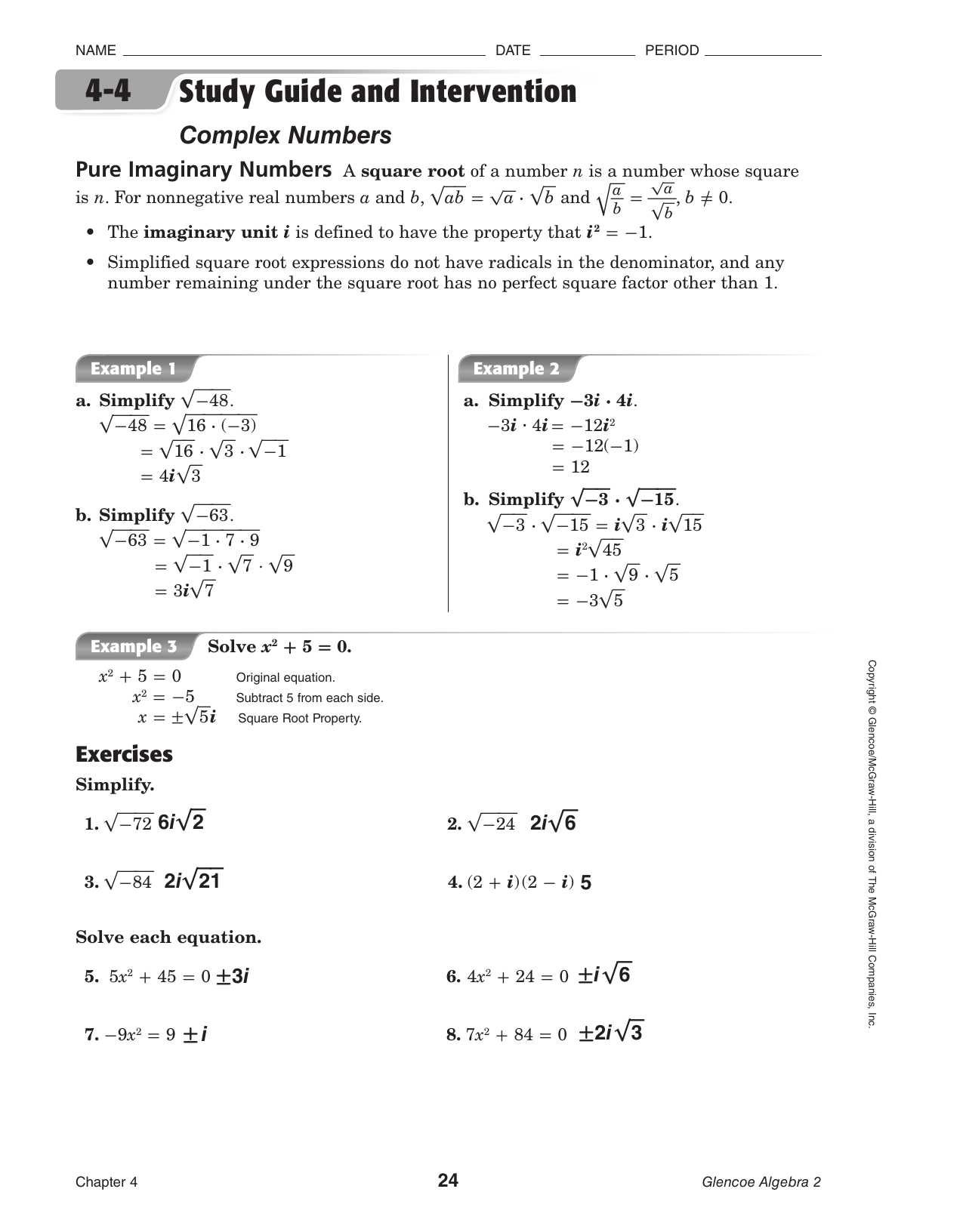 44 Answer Key And Algebra 2 Complex Numbers Worksheet Answers