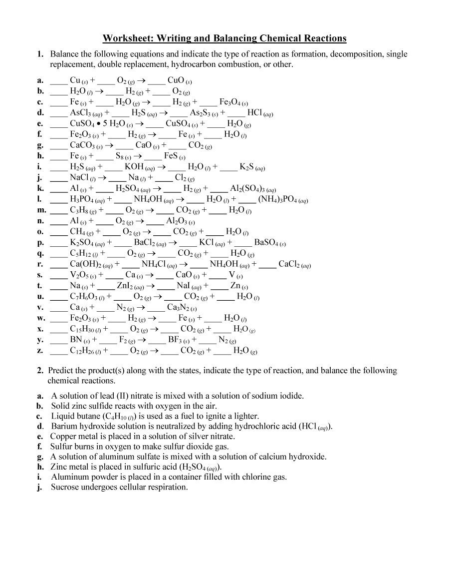 49 Balancing Chemical Equations Worksheets With Answers For Chemical Reaction Worksheet Answers