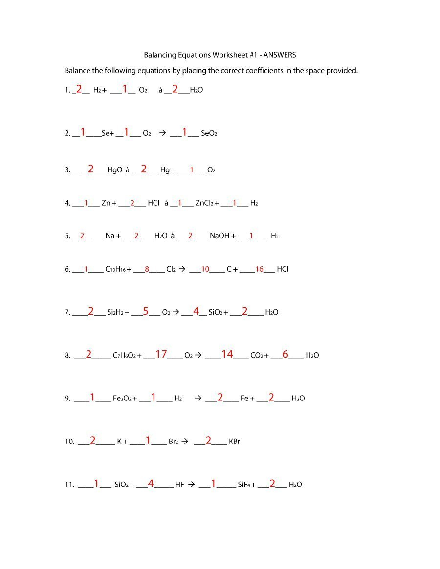 49 Balancing Chemical Equations Worksheets With Answers Inside Balancing Equations Worksheet 1 Answer Key