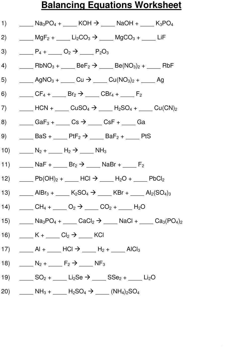 49 Balancing Chemical Equations Worksheets With Answers Inside Balancing Equations Worksheet Pdf