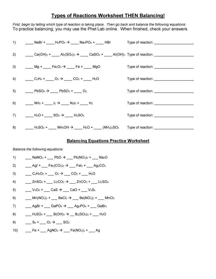 49 Balancing Chemical Equations Worksheets With Answers Throughout Types Of Reactions Worksheet Then Balancing