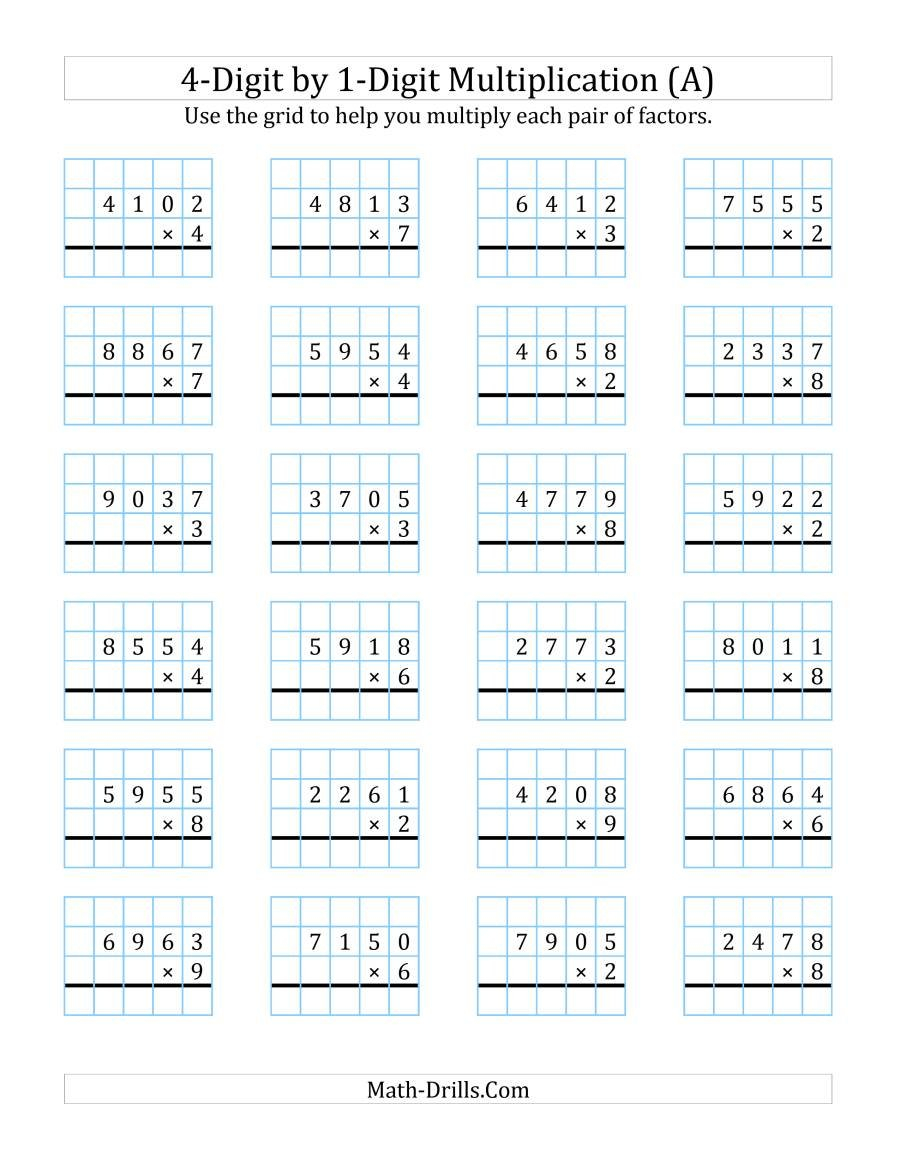4Digit1Digit Multiplication With Grid Support A Throughout 4 Digit By 1 Digit Multiplication Worksheets Pdf
