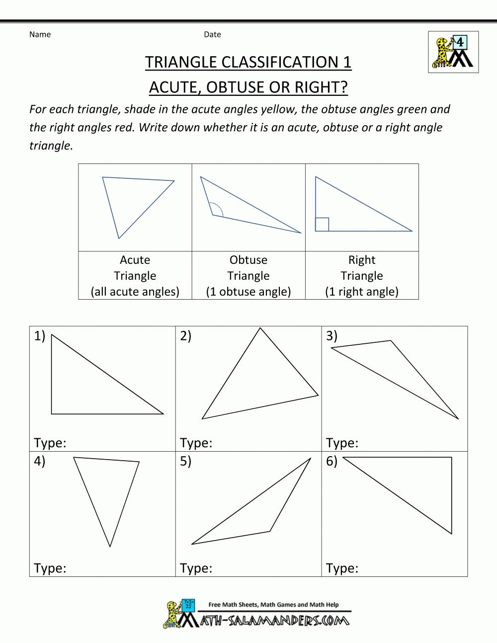 4Th Grade Geometry With Classifying Triangles By Angles Worksheet