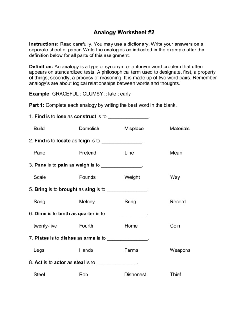 5 Analogy Worksheet 2 For Analogies Worksheet With Answer Key