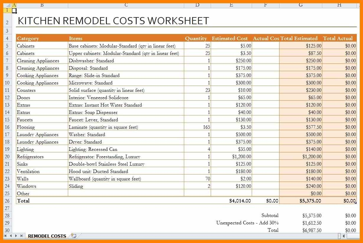 5 Renovation Cost Spreadsheet  Credit Spreadsheet Intended For Bathroom Remodel Costs Worksheet
