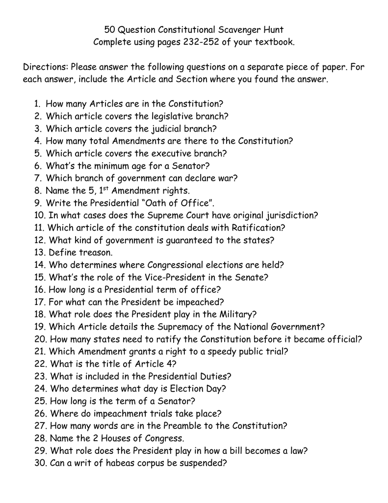50 Question Constitutional Scavenger Hunt For Constitution Scavenger Hunt Worksheet Answer Key