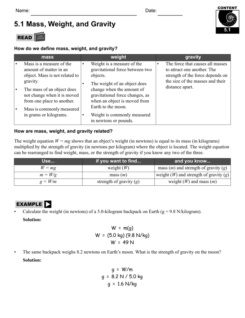 51 Mass Weight And Gravity Along With Mass And Weight Worksheet Answer Key