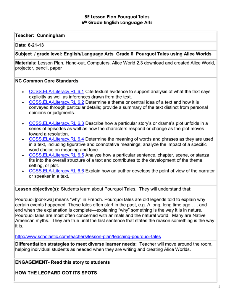 5E Lesson Plan Pourquoi Tales 6 Grade English Language Arts Along With Citing Textual Evidence Worksheet 6Th Grade