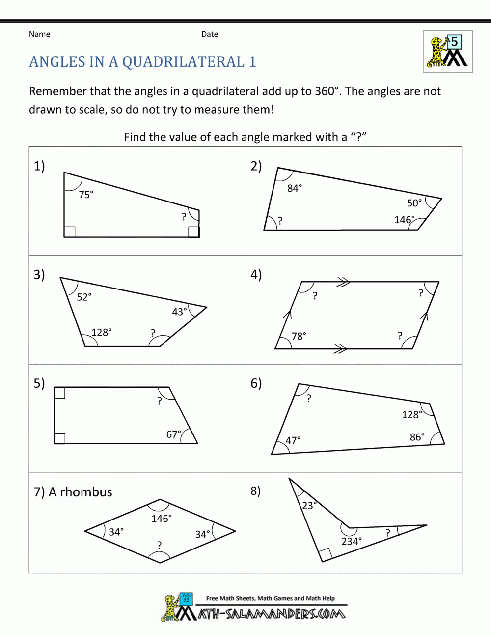 5Th Grade Geometry For Finding Missing Angles Worksheet