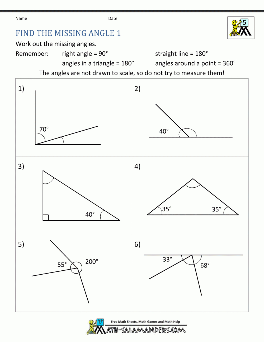 5Th Grade Geometry Inside Angles On A Straight Line Worksheet