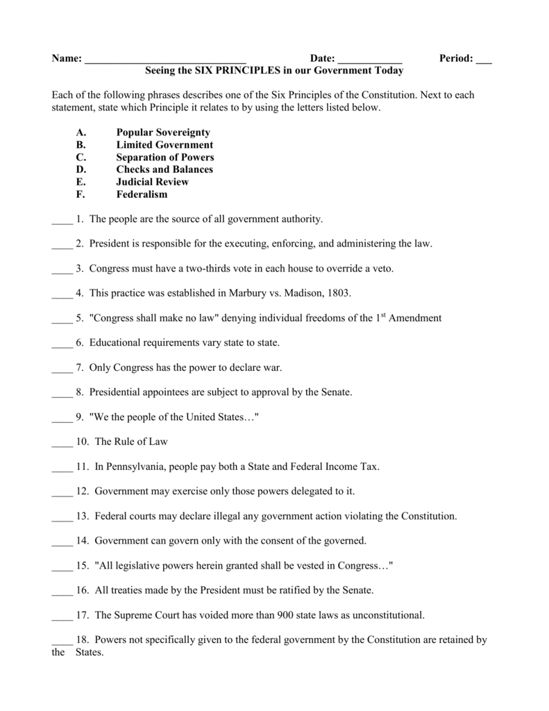 6 Basic Principles Worksheet Throughout Principles Of American Government Worksheet
