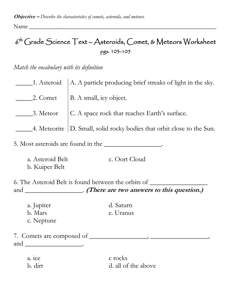 6 Grade Science Text – Asteroids Comet  Meteors Worksheet 1 Inside 6Th Grade Science Worksheets With Answer Key