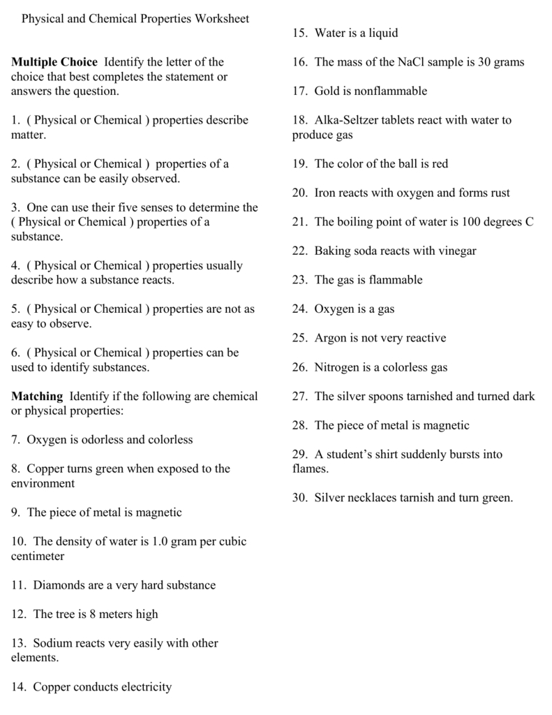 6 Physical And Chemical Properties Worksheet Pertaining To Physical And Chemical Properties Worksheet