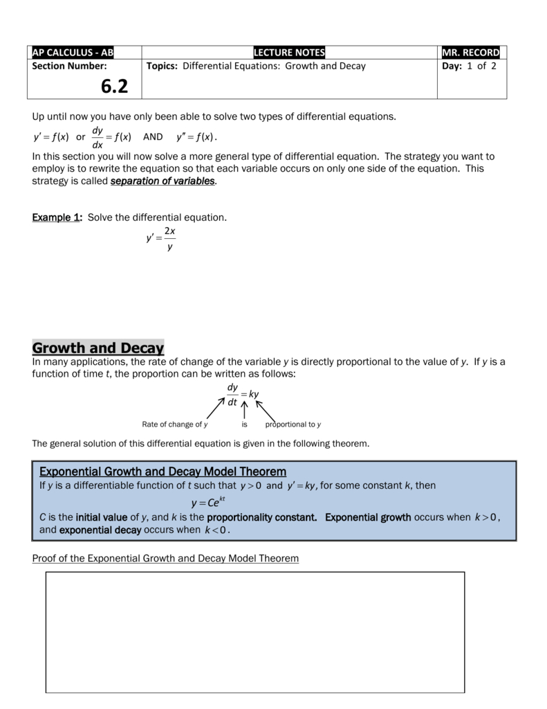 62 Differential Equations Growth And Decay Together With Growth And Decay Worksheet