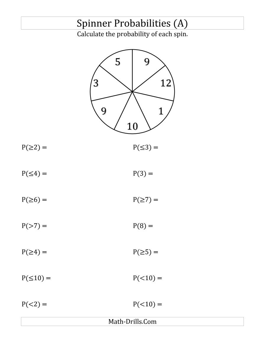 7 Section Spinner Probabilities A Within 7Th Grade Probability Worksheets