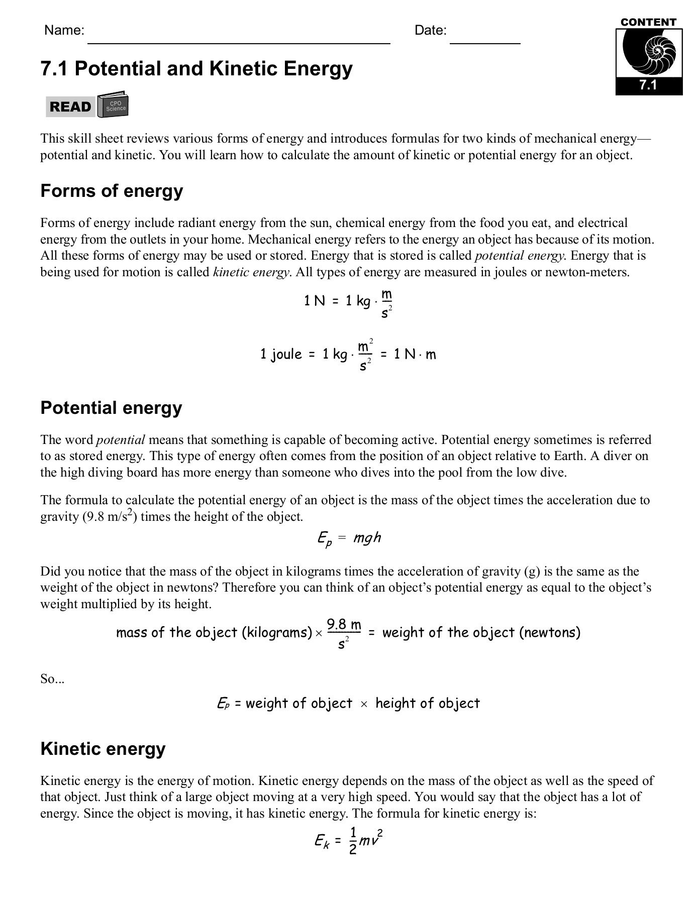71 Potential And Kinetic Energy  Cpo Science Pages 1  29  Text As Well As Energy Transformation Game Worksheet Answer Key