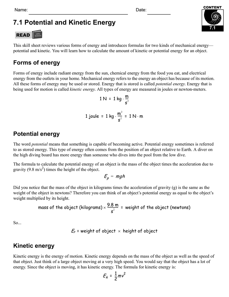 71 Potential And Kinetic Energy Regarding Energy And Energy Transformations Worksheet Answer Key