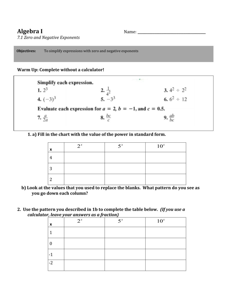 71 Zero And Negative Exponents With Regard To Exponent Review Worksheet Answers