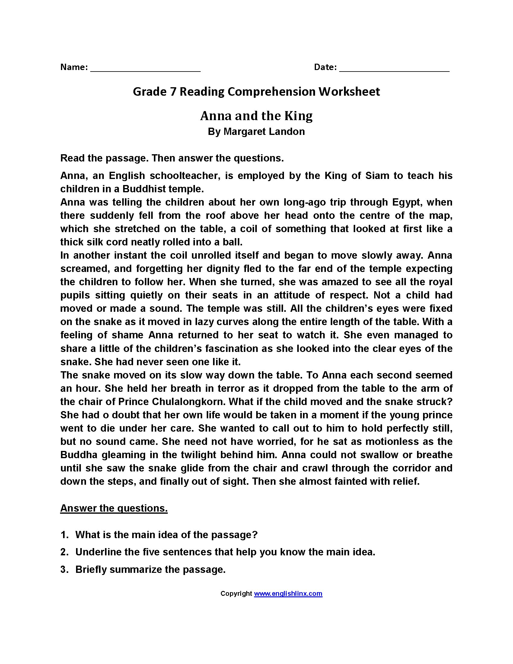 7Th Grade Reading Comprehension Worksheets Pdf Name Tracing Regarding Pre K Reading Worksheets
