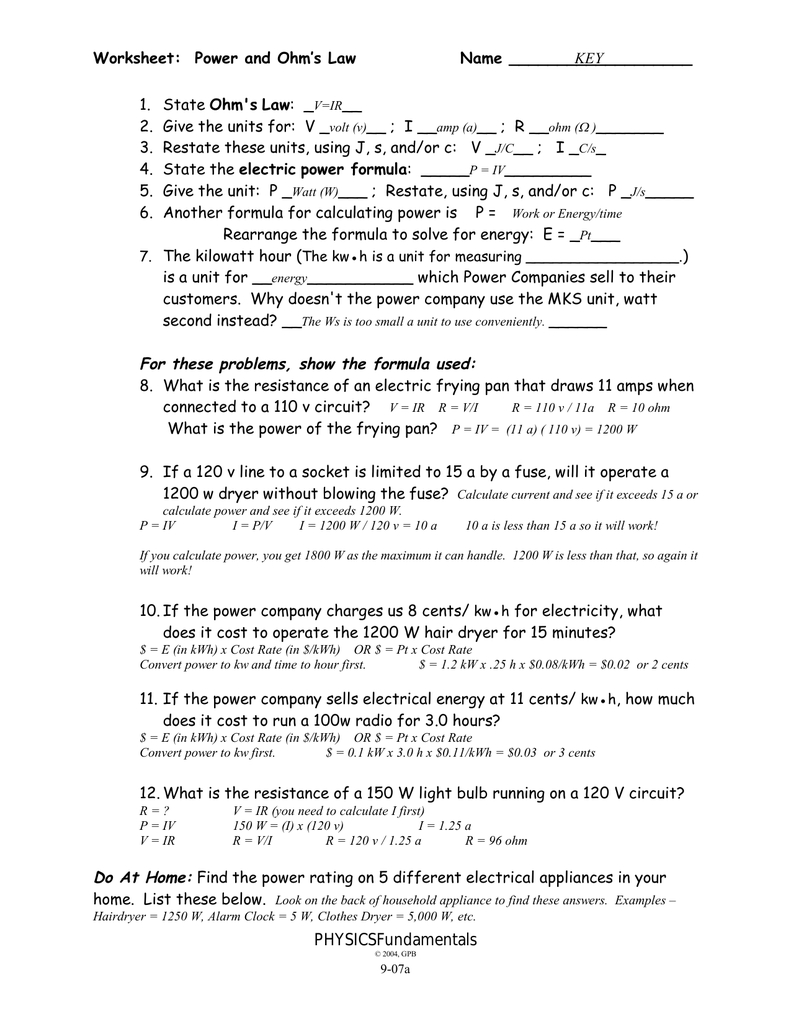 907A  Key  Worksheet For Calculating Electrical Energy And Cost Worksheet Answers