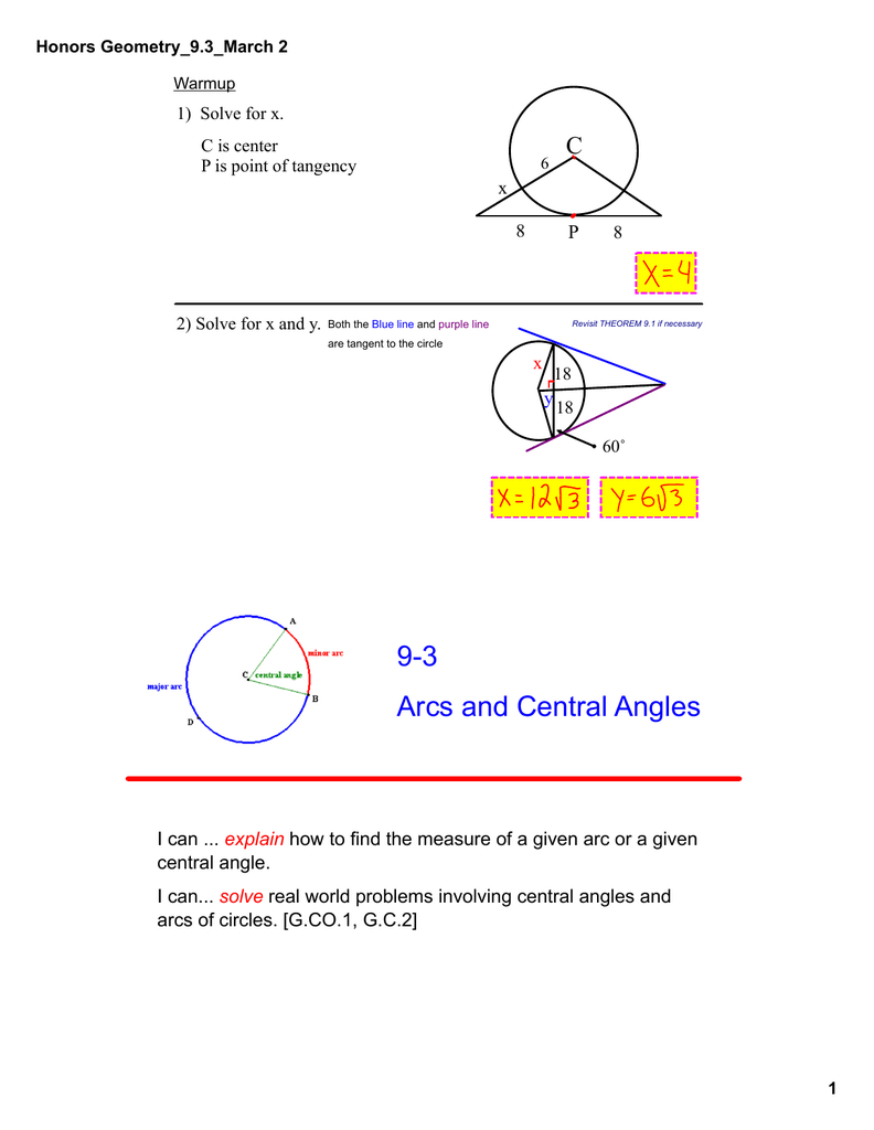 93 Arcs And Central Angles Or Arcs And Central Angles Worksheet