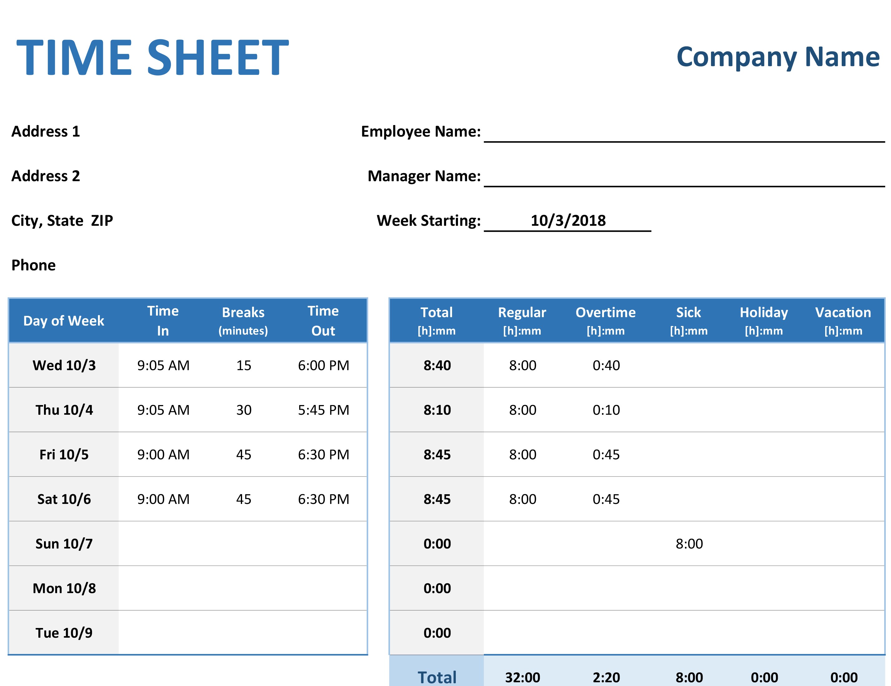 Blank Daily Timesheet Excel Template With Daily Timesheet Excel Template Free Download