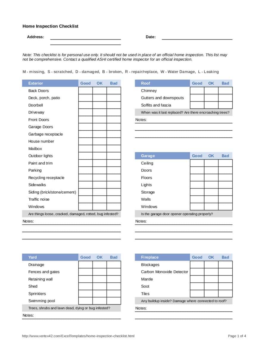 Blank Home Inspection Checklist Template Excel With Home Inspection Checklist Template Excel Download For Free