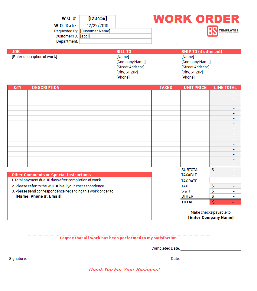 Documents Of Work Order Template Excel In Work Order Template Excel Free Download