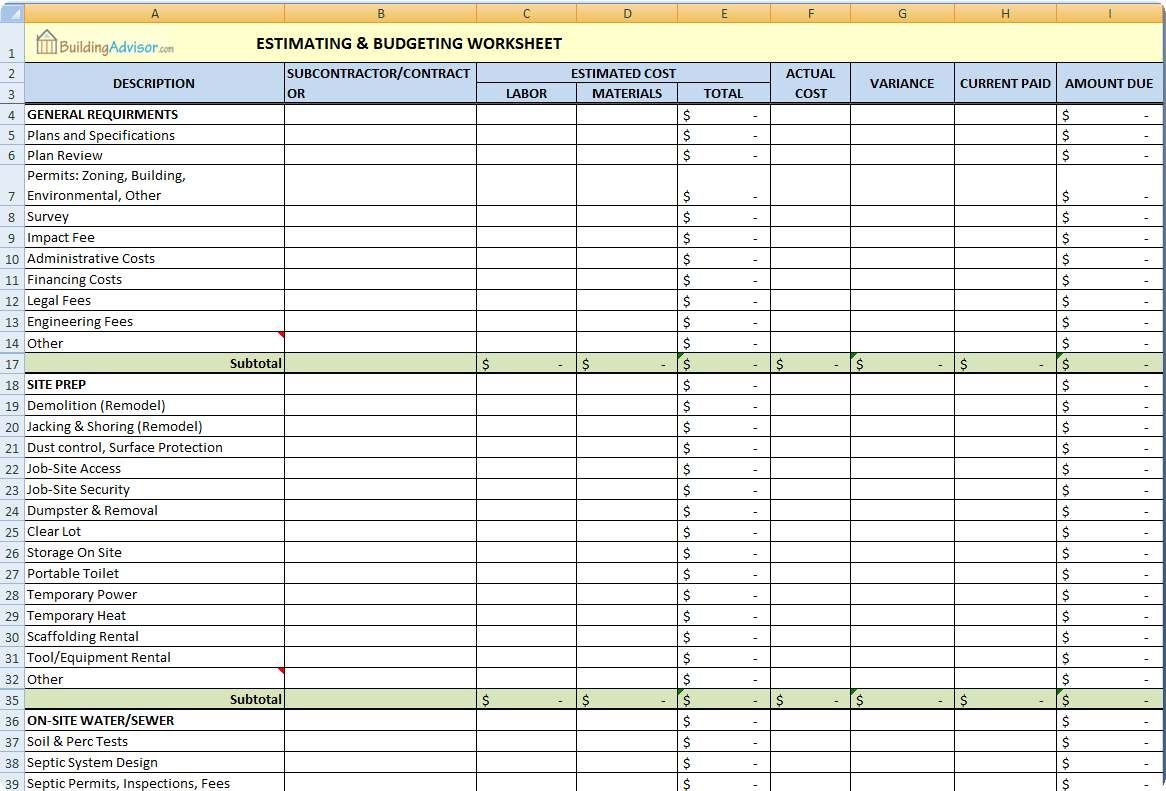 Download Construction Estimating Worksheets Excel And Construction Estimating Worksheets Excel Form