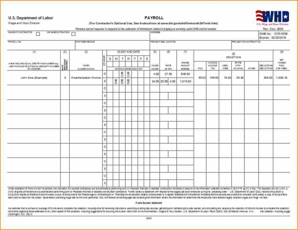 Examples of Certified Payroll Forms Excel Format with Certified Payroll ...