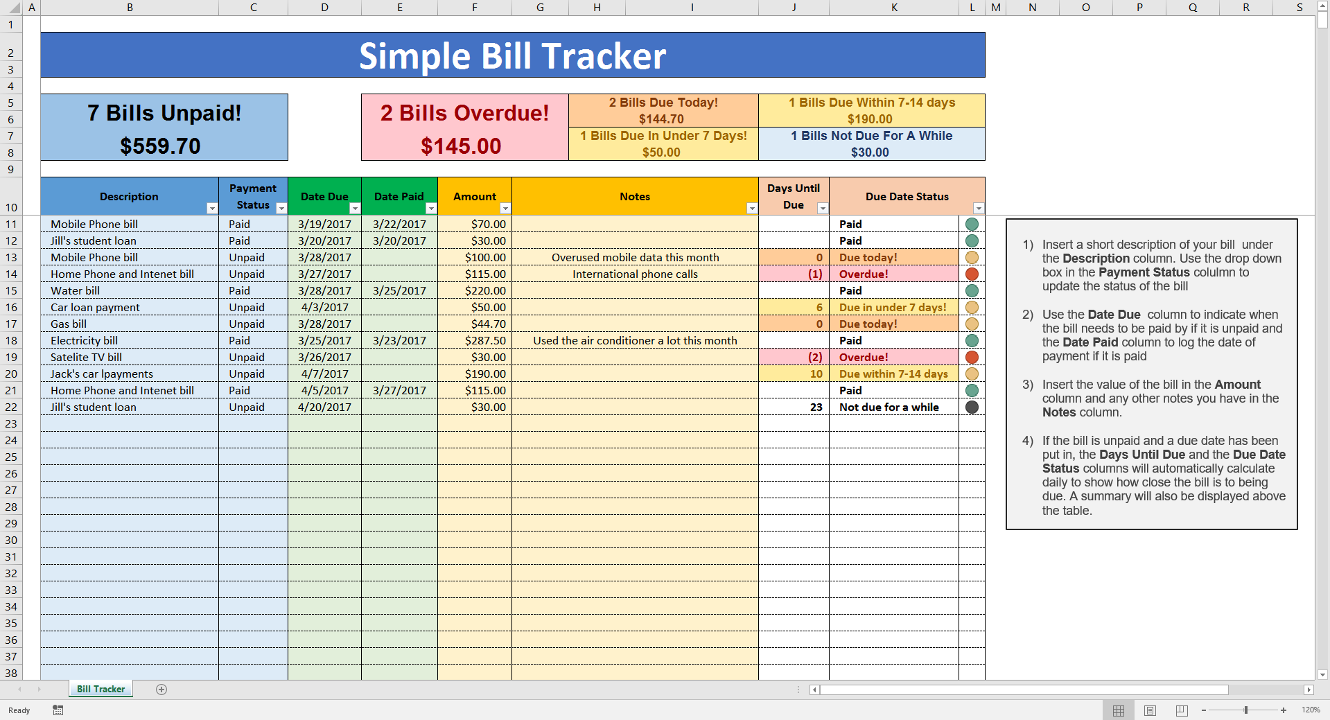 Examples Of Excel Template For Bills And Excel Template For Bills Template