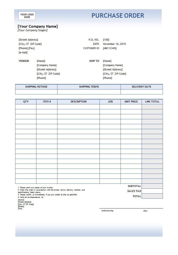 Examples Of Purchase Order Template Excel For Purchase Order Template Excel In Excel