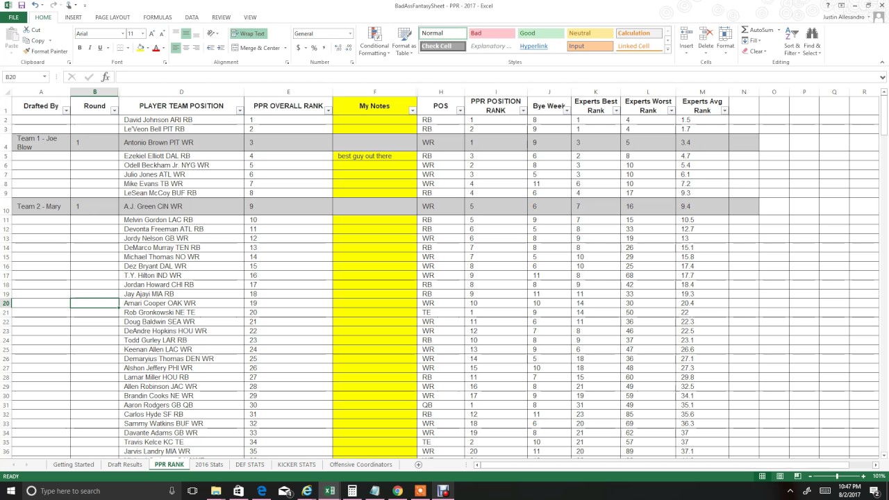 Personal Fantasy Football Draft Excel Spreadsheet In Fantasy Football Draft Excel Spreadsheet For Personal Use