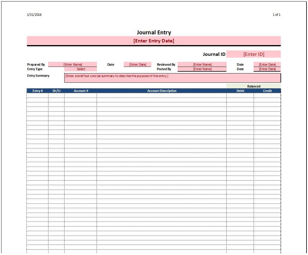Personal Journal Entry Template Excel In Journal Entry Template Excel In Workshhet