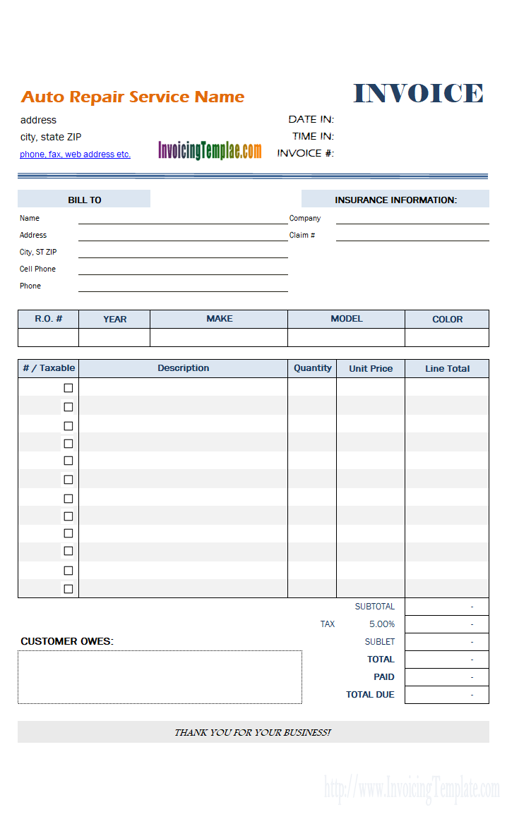 Printable Free Auto Repair Invoice Template Excel To Free Auto Repair Invoice Template Excel Printable